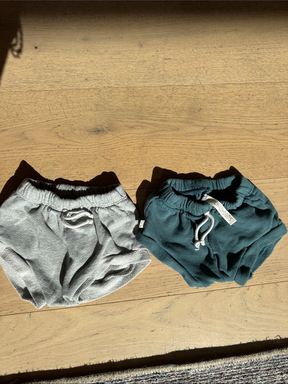 Childhoods Clothing Drawstring Shorties in Gray and Teal - Cozy Playtime Basics